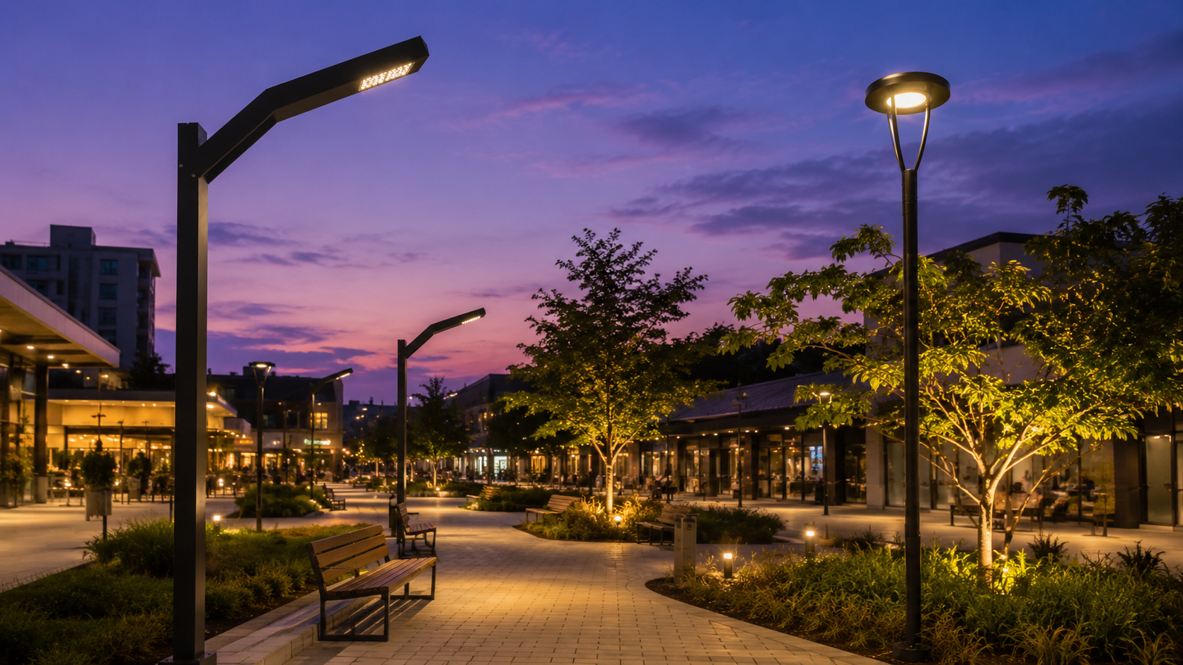 Praça iluminada por luminárias LED públicas ao entardecer com postes acesos e paisagismo urbano